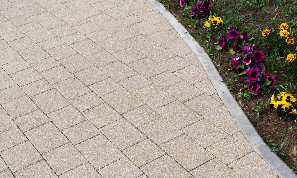 Curved footpath with flowers and paving stones.