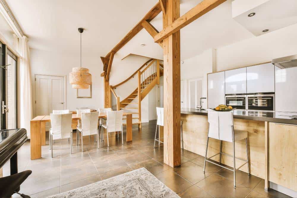 Spacious modern kitchen with wooden features and dining area