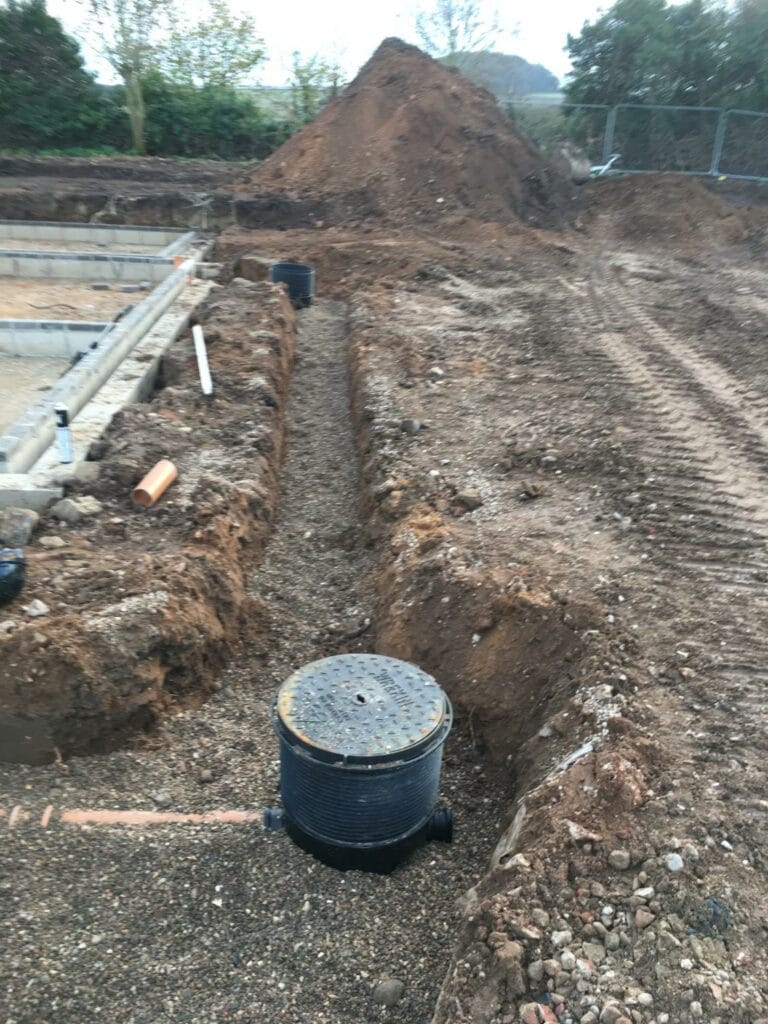 Construction site with trenches for foundation and piping work