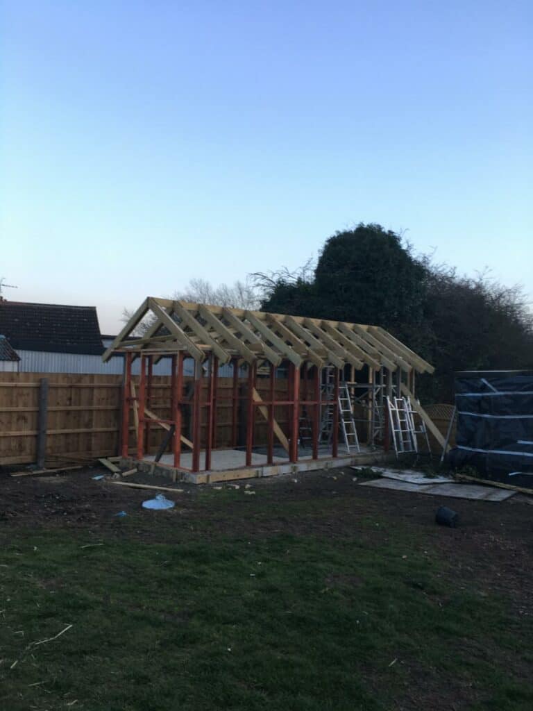 Wooden garden shed construction in progress