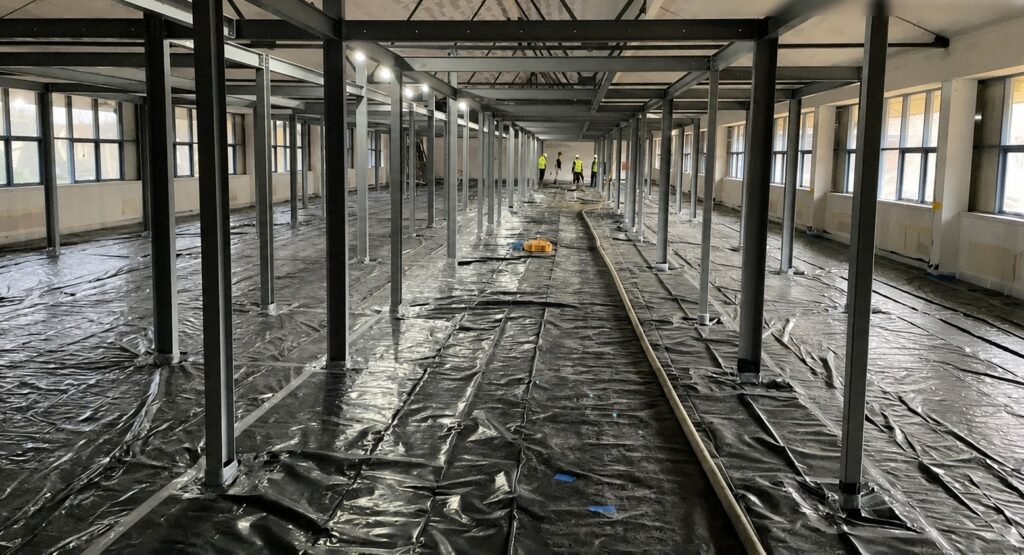 Interior steel frame with supporting columns and beams, illustrating structural work services in King’s Lynn.