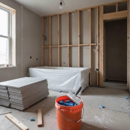 Home renovations in King's Lynn showing a room under construction, with new timber stud walls, plasterboard sheets and a protected bath.