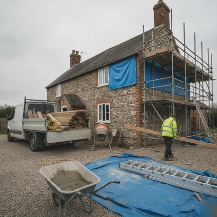 Home renovations in King's Lynn underway at a traditional brick and flint property, with scaffolding, tools and a builder on site.