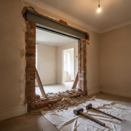 Home renovations in King's Lynn showing a new structural opening with a steel beam, exposed brickwork and building debris.